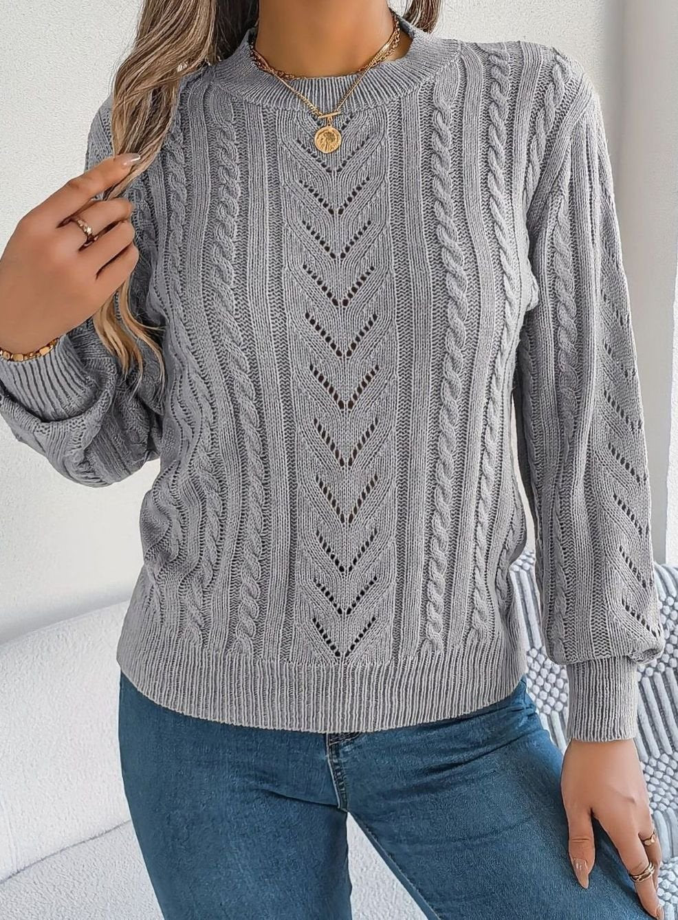 Olivia | Women's Cable-Knit Openwork Crew-Neck Pullover Sweater