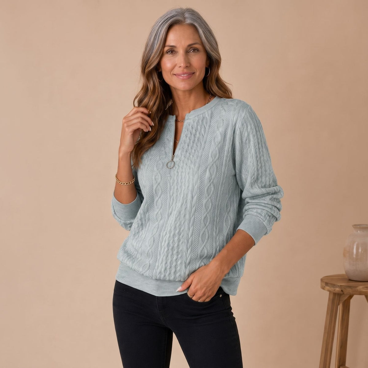 Amelia | Women's Cable Knit Quarter Zip Sweater Relaxed Pullover