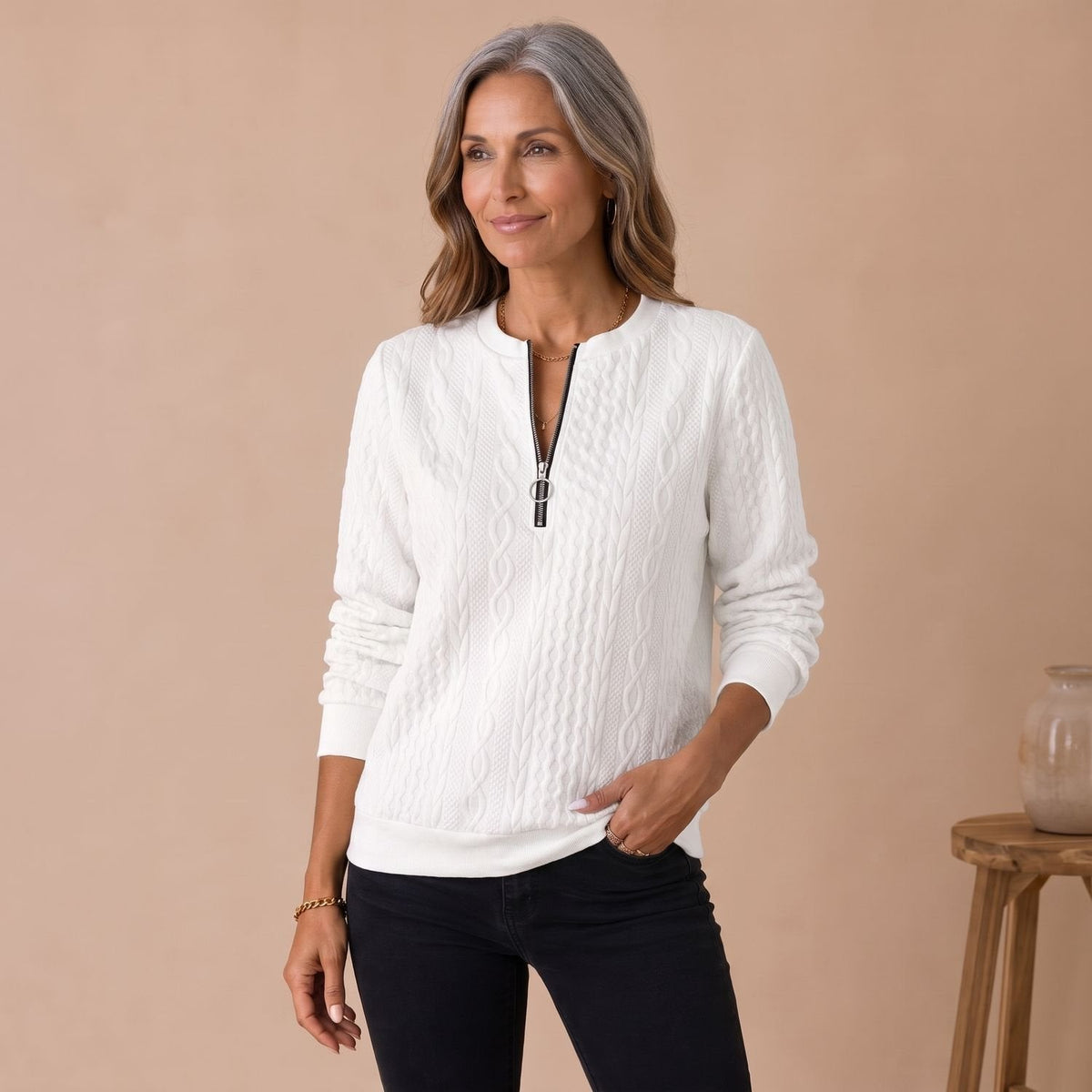 Amelia | Women's Cable Knit Quarter Zip Sweater Relaxed Pullover