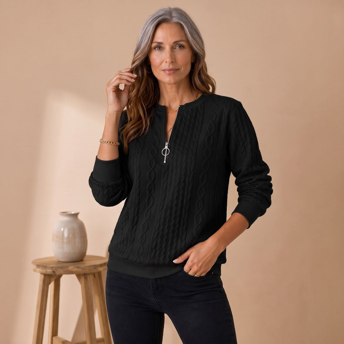 Amelia | Women's Cable Knit Quarter Zip Sweater Relaxed Pullover