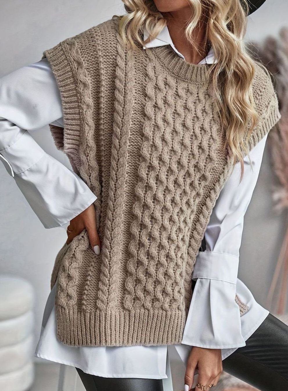 Olivia | Women's Cable Knit Sweater Vest Relaxed-Fit Pullover