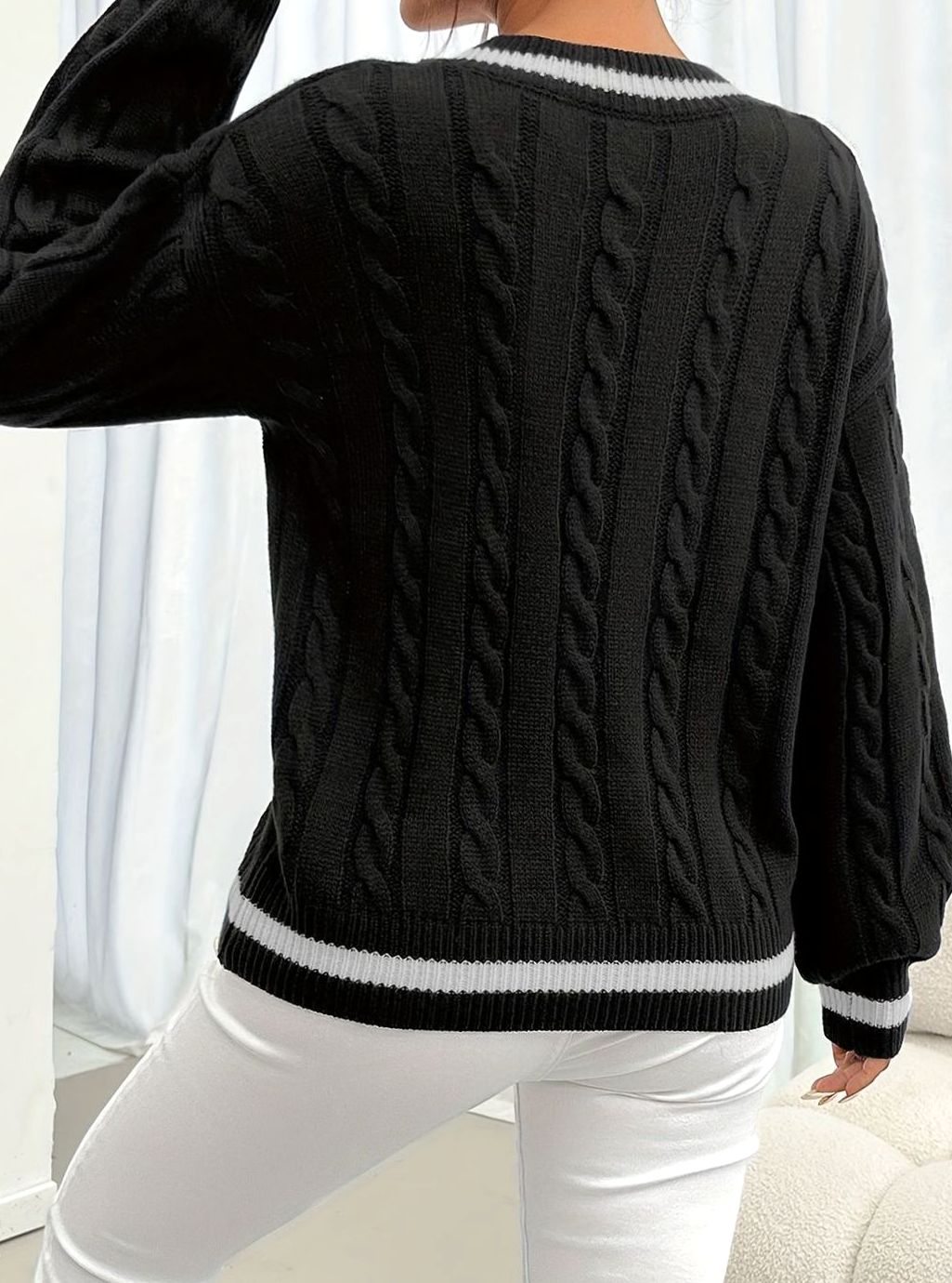 Charlotte | Women's Cable-Knit V-Neck Drop-Shoulder Sweater