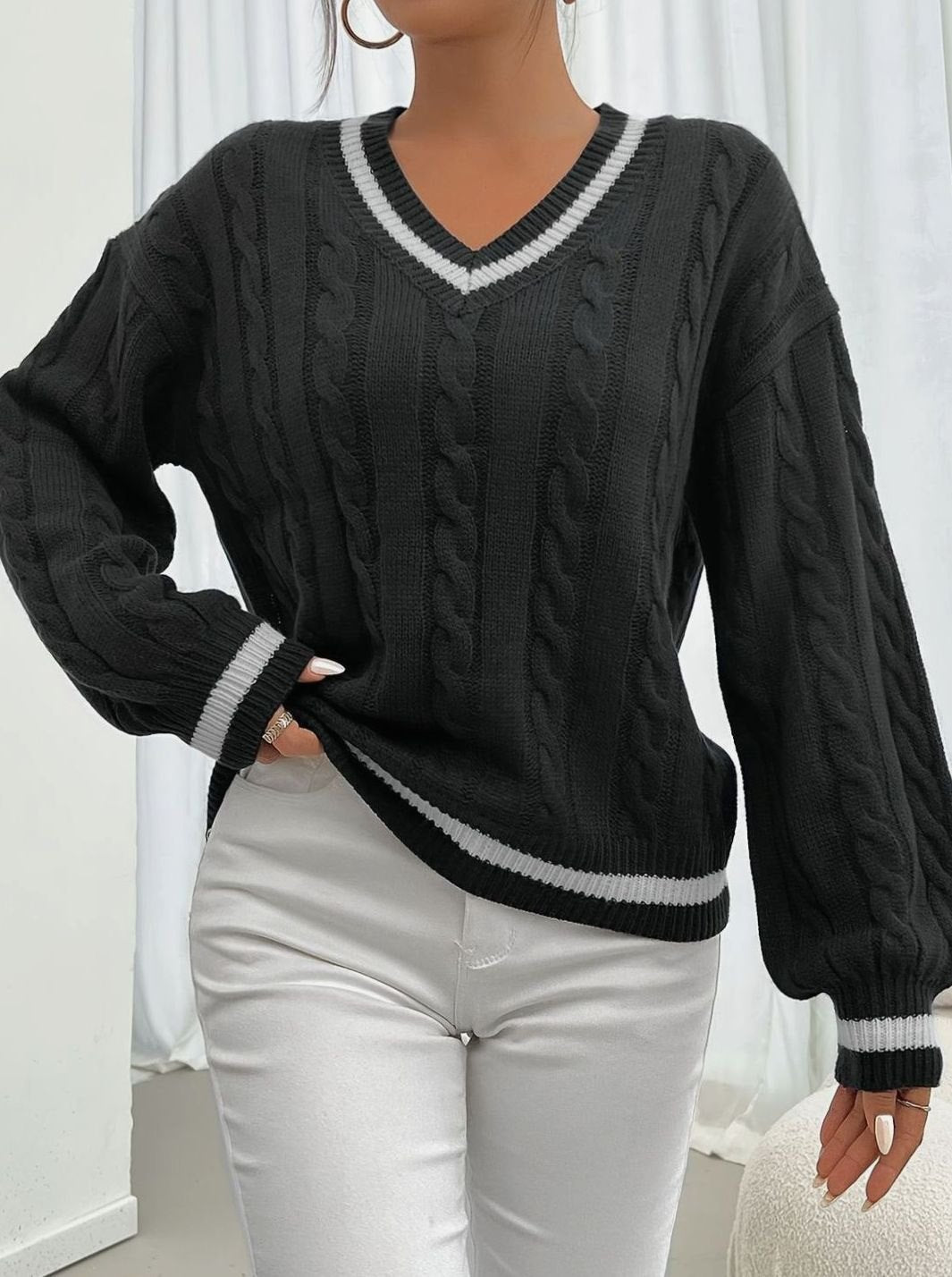 Charlotte | Women's Cable-Knit V-Neck Drop-Shoulder Sweater