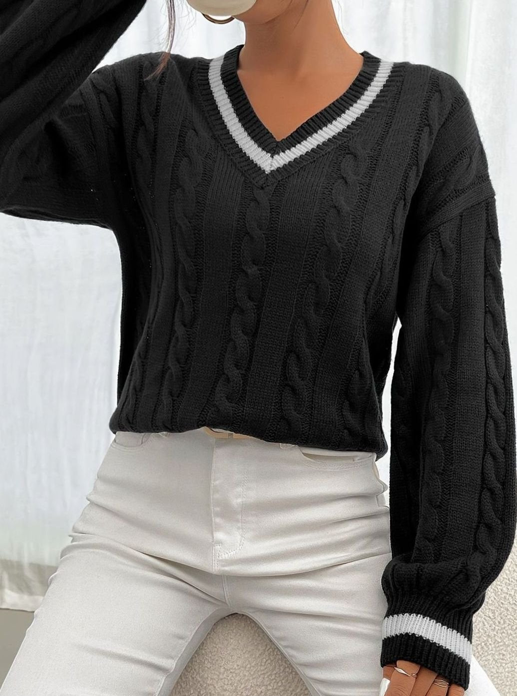 Charlotte | Women's Cable-Knit V-Neck Drop-Shoulder Sweater