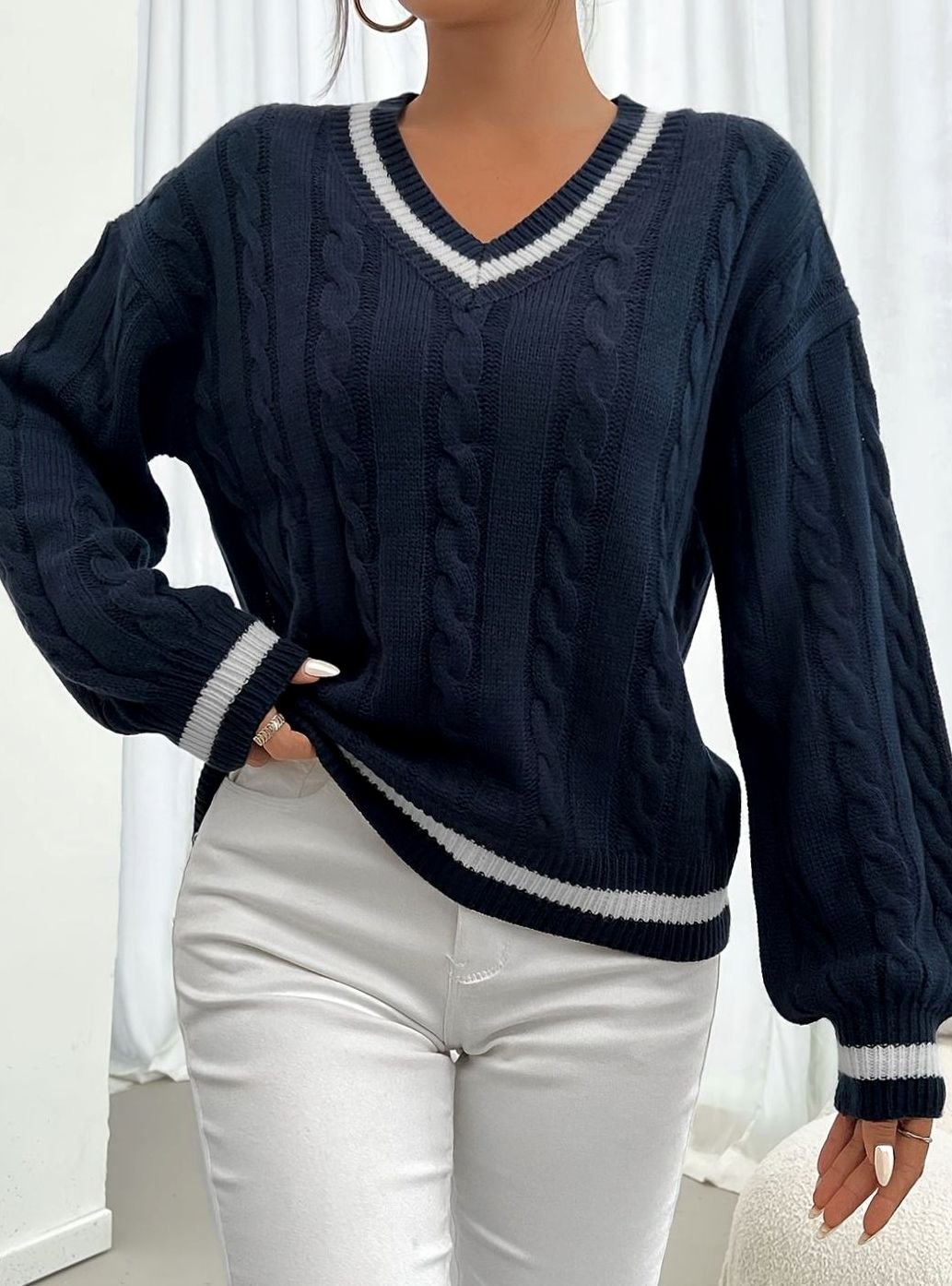 Charlotte | Women's Cable-Knit V-Neck Drop-Shoulder Sweater