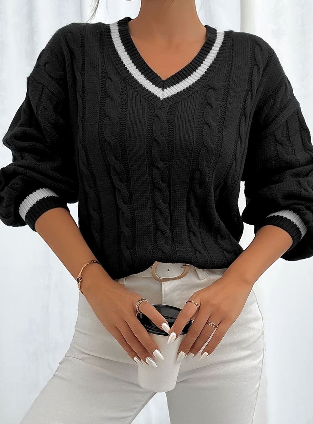 Charlotte | Women's Cable-Knit V-Neck Drop-Shoulder Sweater