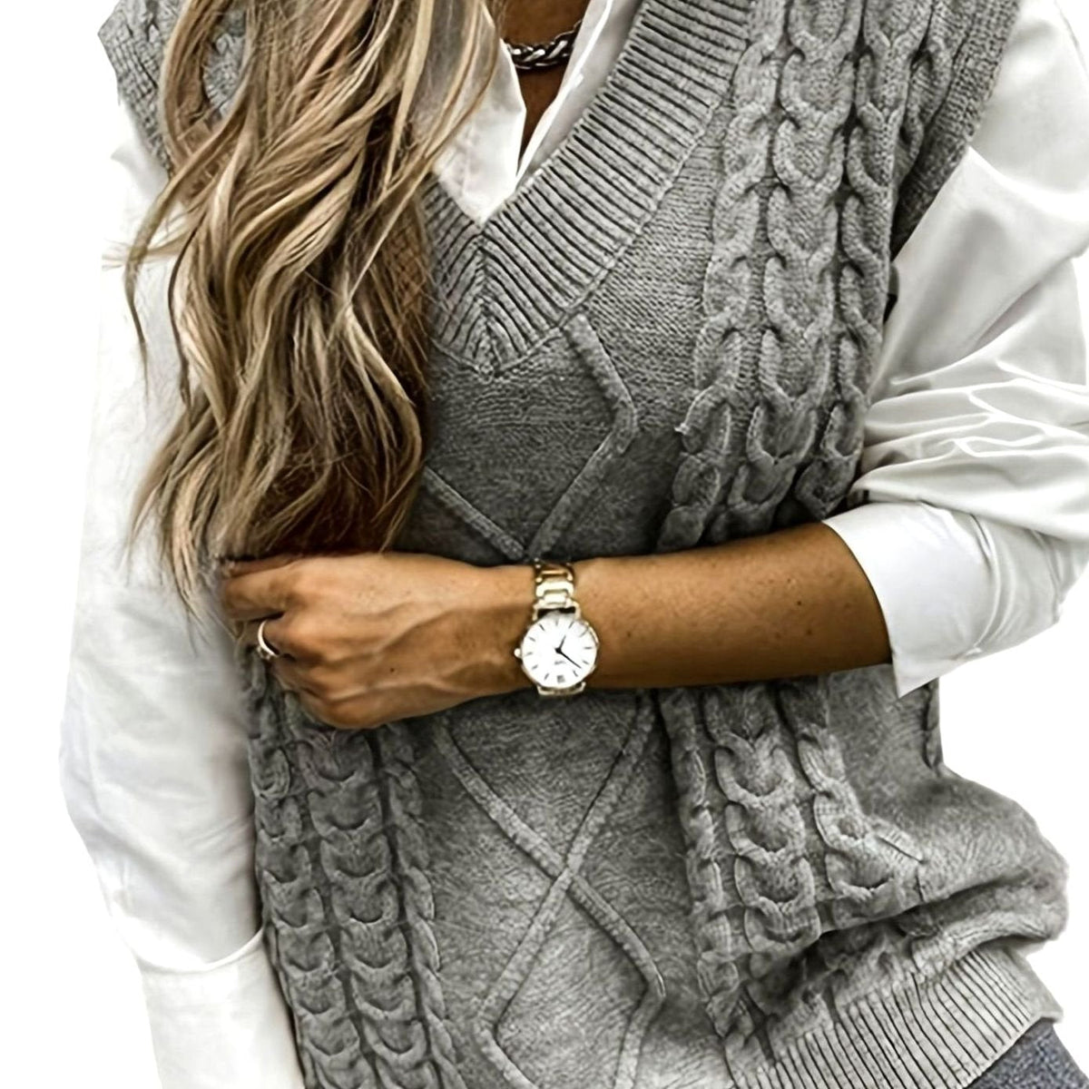 Grace | Women's Cable-Knit V-Neck Sweater Vest Relaxed Fit
