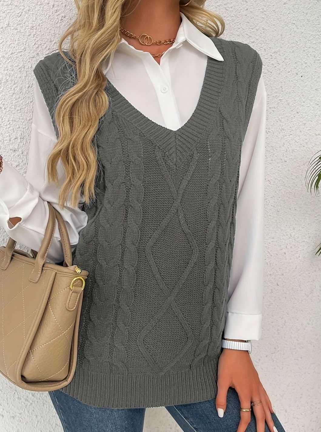 Grace | Women's Cable-Knit V-Neck Sweater Vest Relaxed Fit