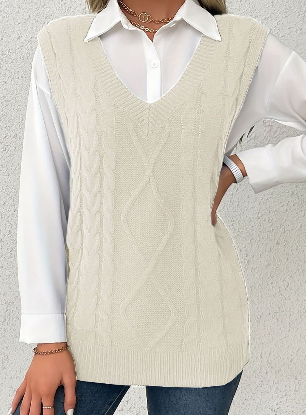 Grace | Women's Cable-Knit V-Neck Sweater Vest Relaxed Fit