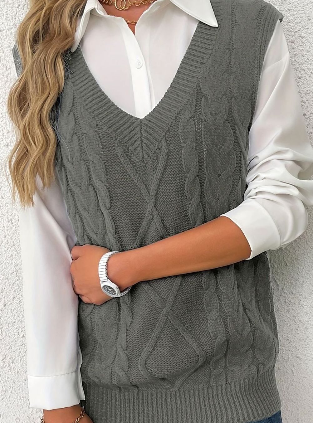 Grace | Women's Cable-Knit V-Neck Sweater Vest Relaxed Fit
