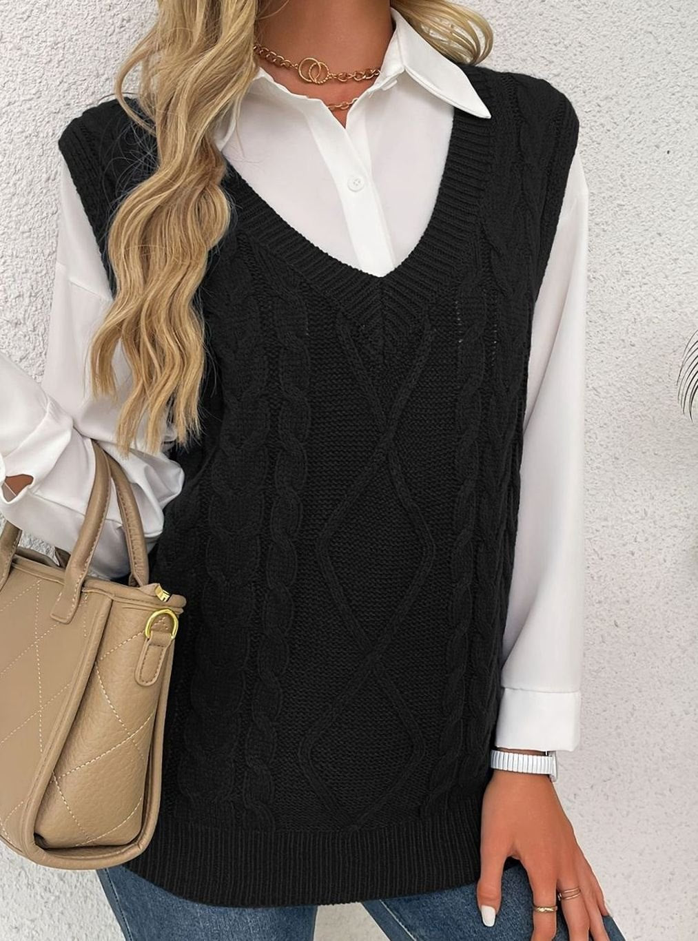 Grace | Women's Cable-Knit V-Neck Sweater Vest Relaxed Fit