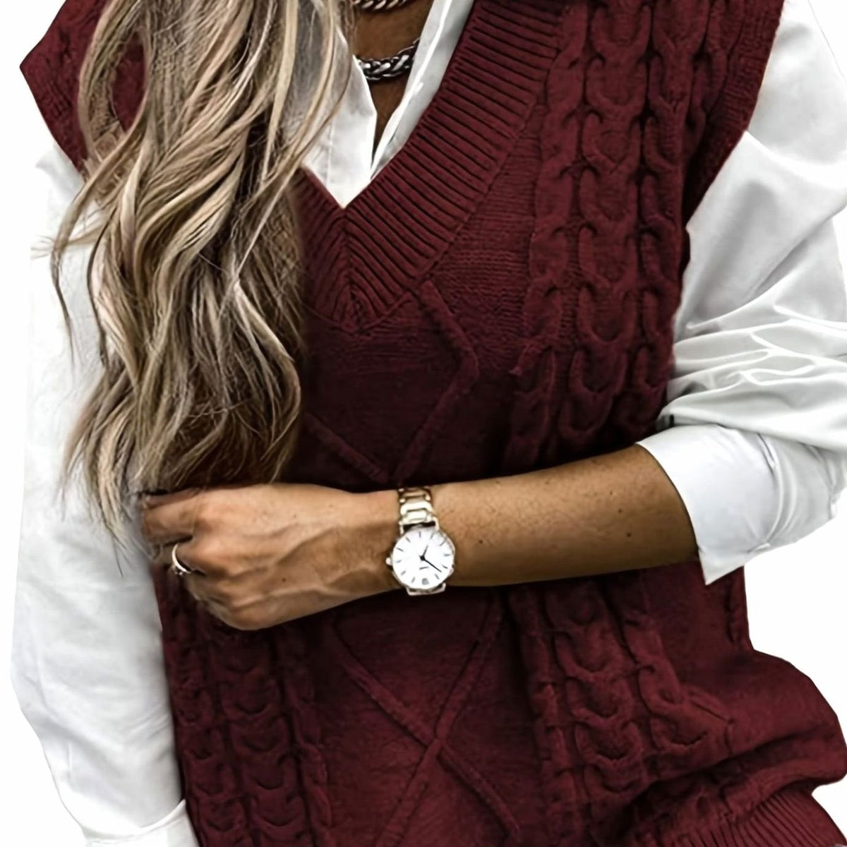 Grace | Women's Cable-Knit V-Neck Sweater Vest Relaxed Fit