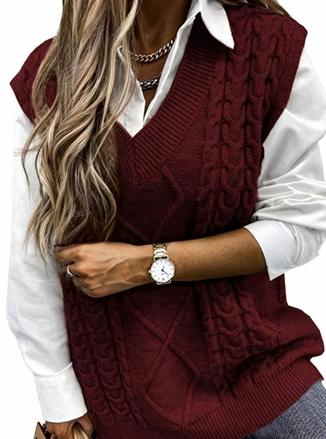Grace | Women's Cable-Knit V-Neck Sweater Vest Relaxed Fit
