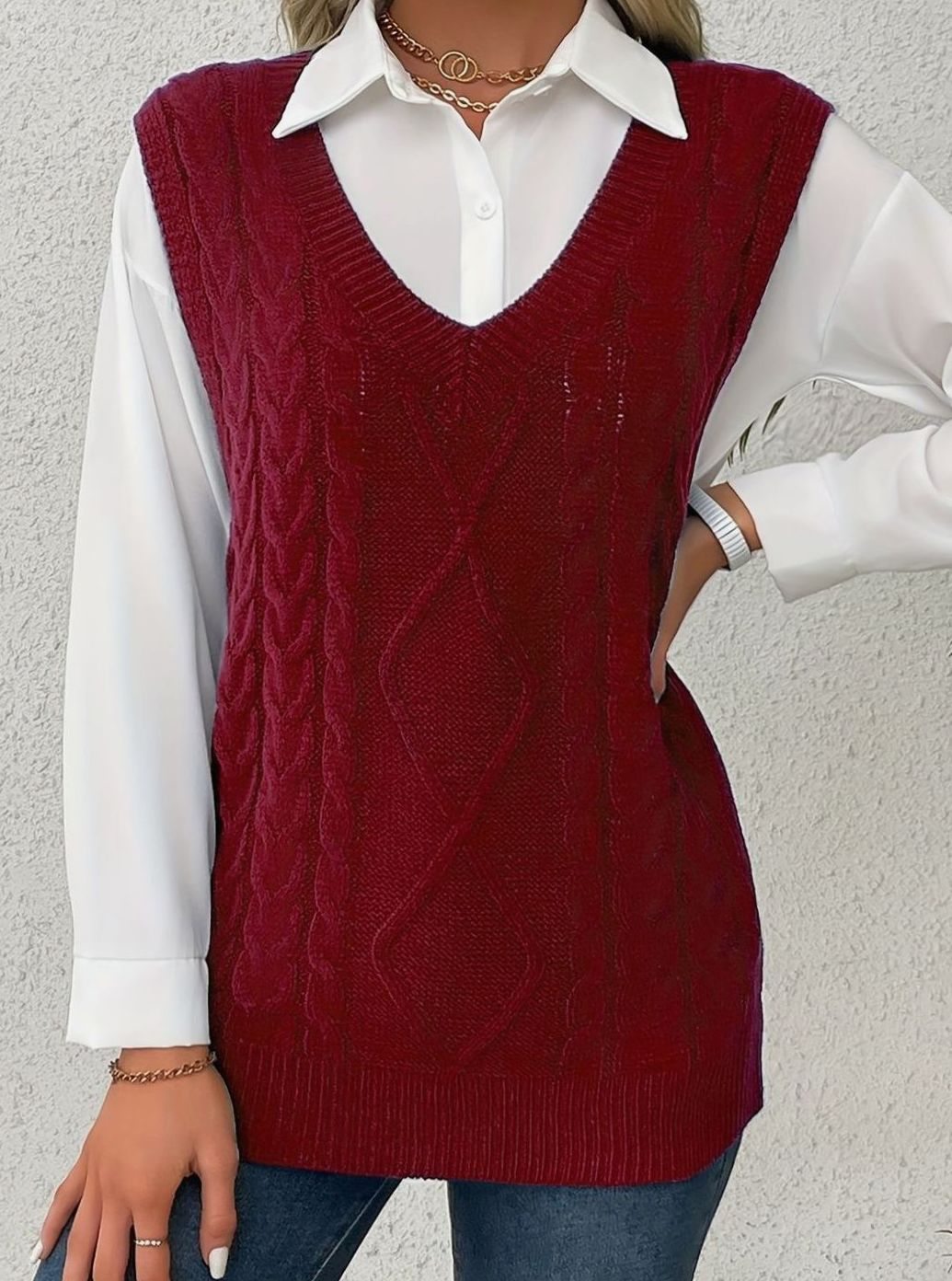 Grace | Women's Cable-Knit V-Neck Sweater Vest Relaxed Fit