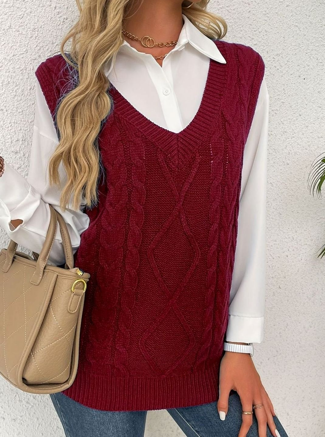 Grace | Women's Cable-Knit V-Neck Sweater Vest Relaxed Fit