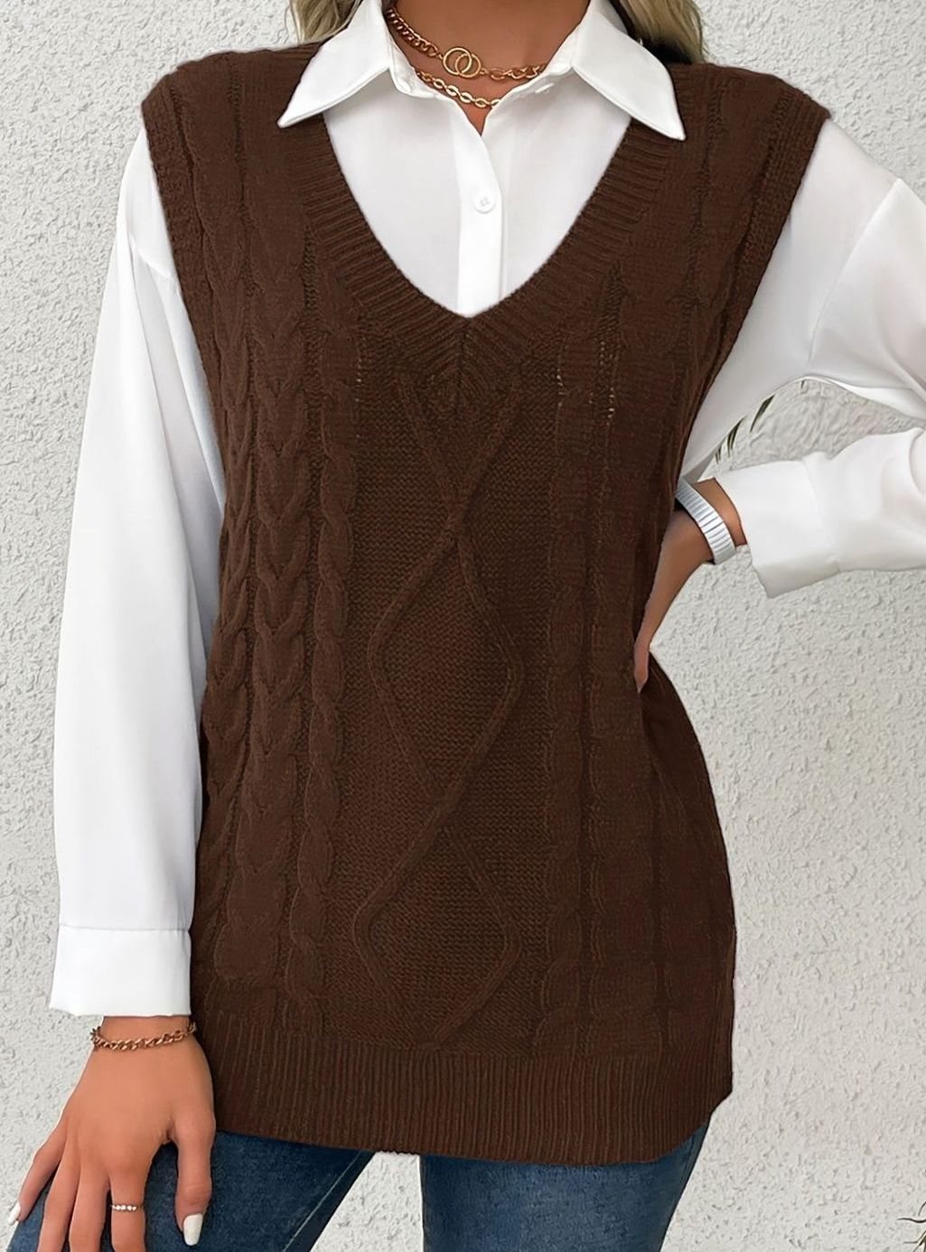 Grace | Women's Cable-Knit V-Neck Sweater Vest Relaxed Fit