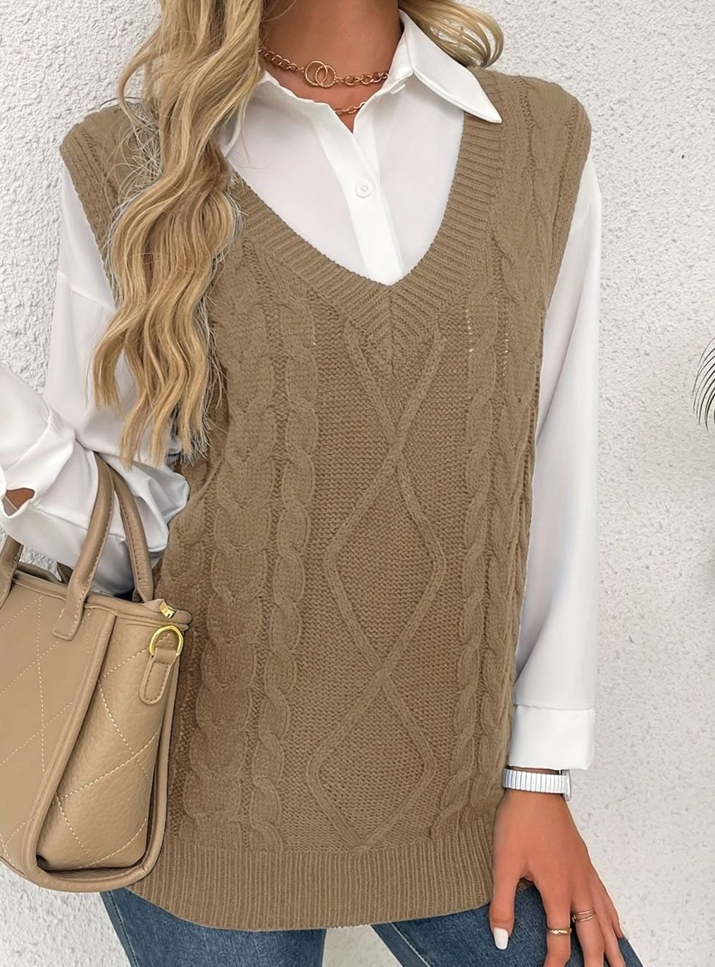 Grace | Women's Cable-Knit V-Neck Sweater Vest Relaxed Fit