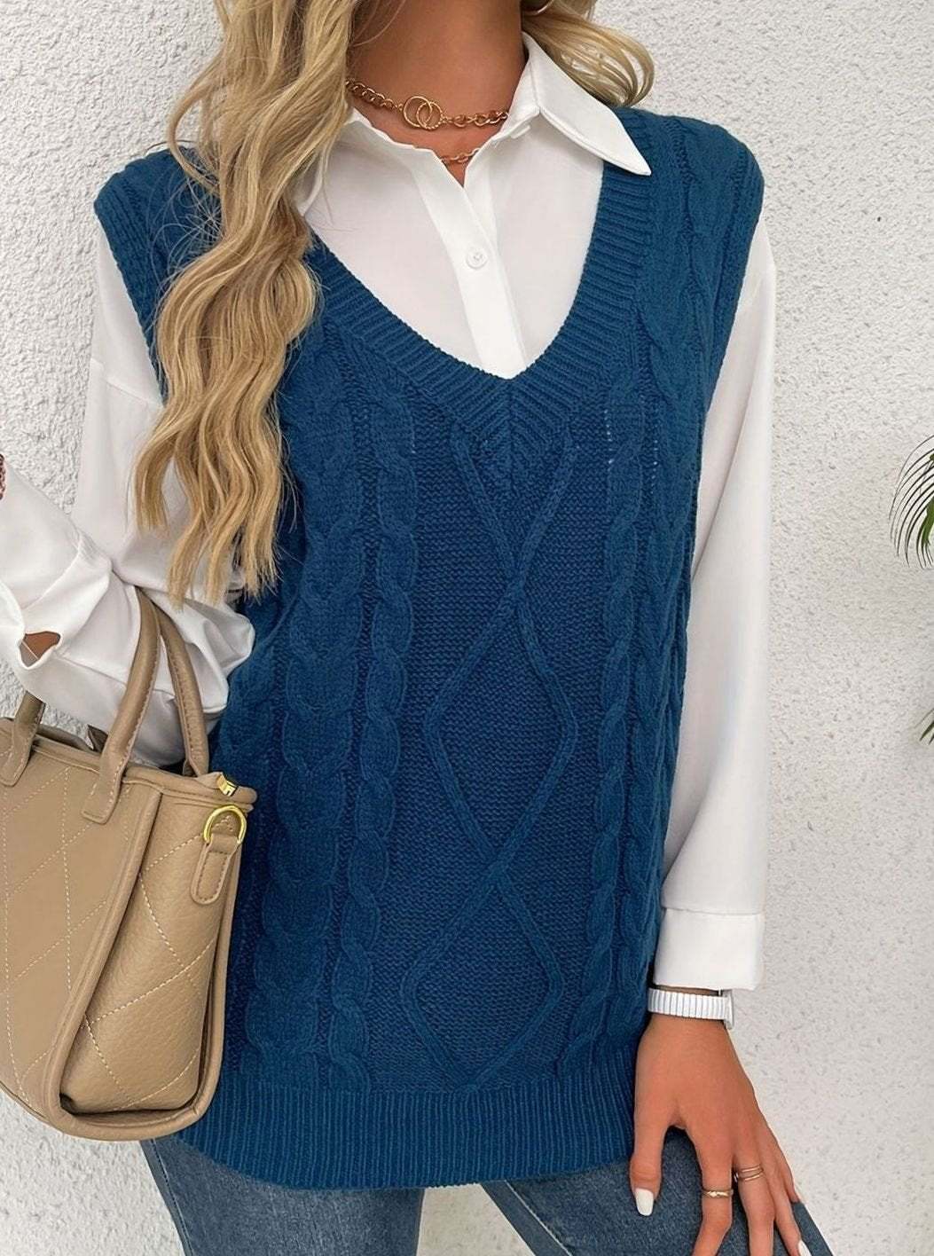 Grace | Women's Cable-Knit V-Neck Sweater Vest Relaxed Fit