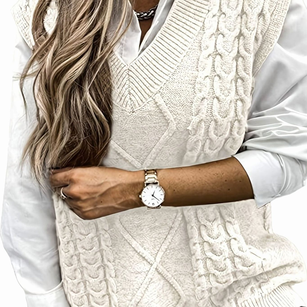 Grace | Women's Cable-Knit V-Neck Sweater Vest Relaxed Fit
