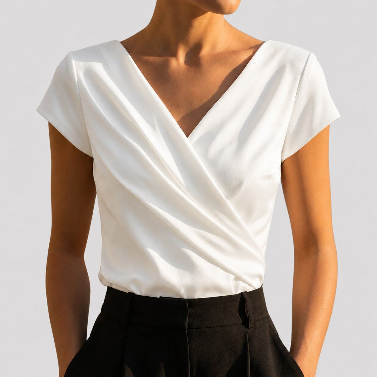 Emma | Women's Cap Sleeve Draped Wrap V-Neck Blouse Top for Autumn Wedding Guest & Christmas Party Dressing