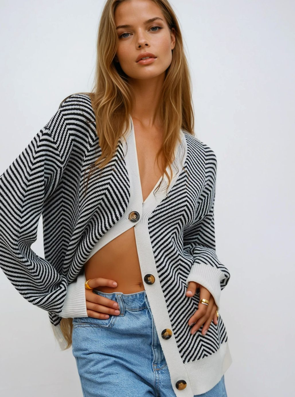 Olivia | Women's Chevron Knit V-Neck Button-Up Cardigan