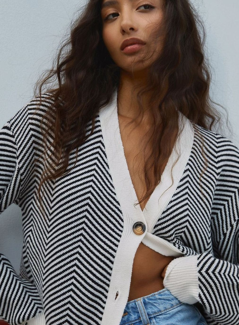 Olivia | Women's Chevron Knit V-Neck Button-Up Cardigan