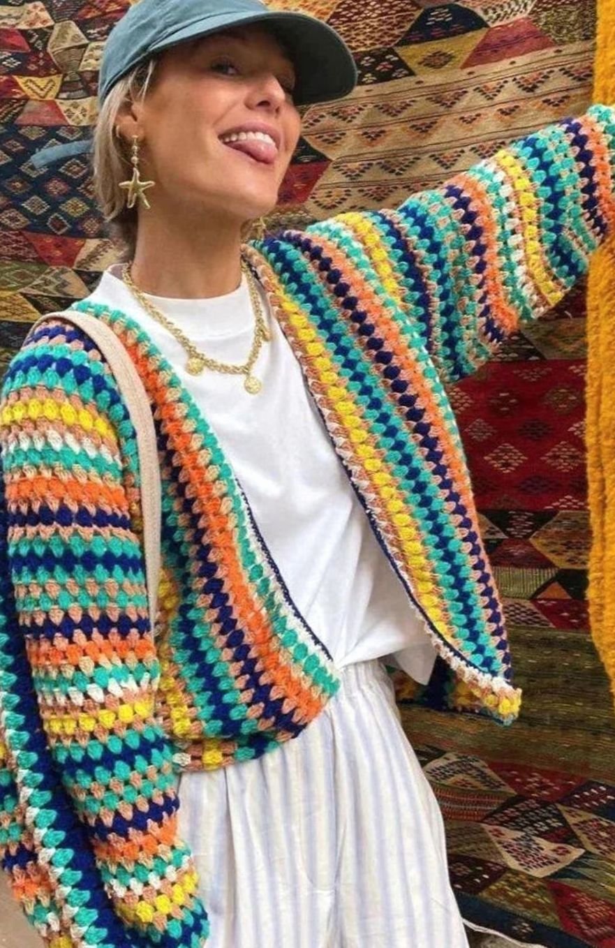 Aria | Women's Chunky Crochet Knit Cardigan Rainbow Striped Sweater