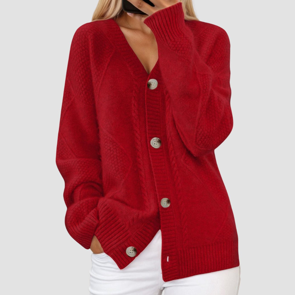 Victoria | Women's Chunky Knit V-Neck Button-Front Cardigan