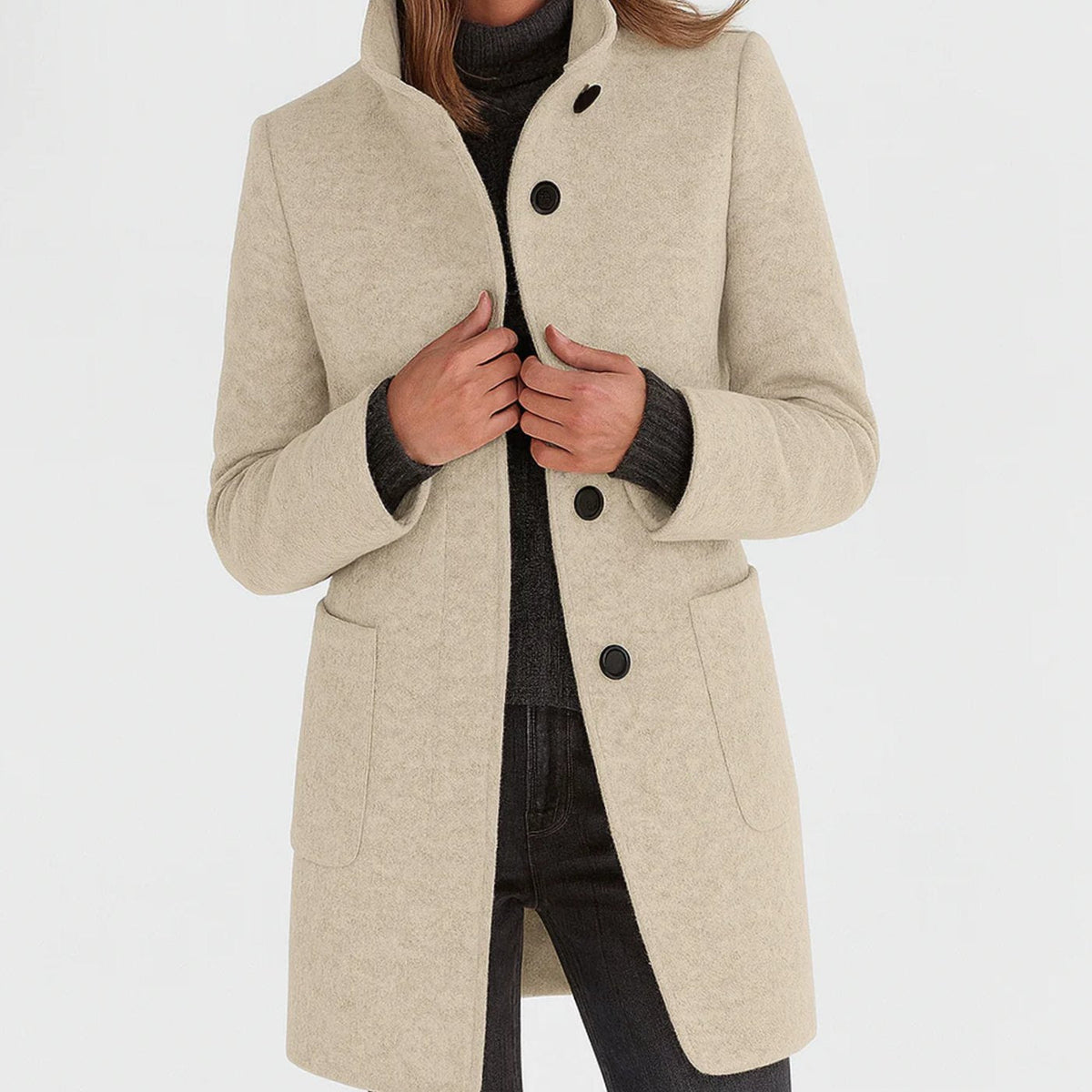 Eleanor | Women's Classic Beige Button-Front Stand-Collar Coat