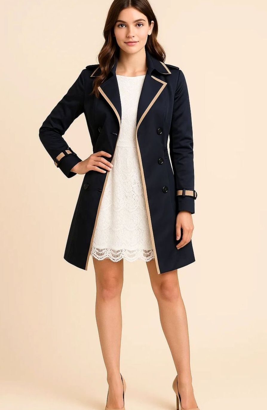 Aria | Women's Classic Double Breasted Trench Coat Black-Trim A-Line