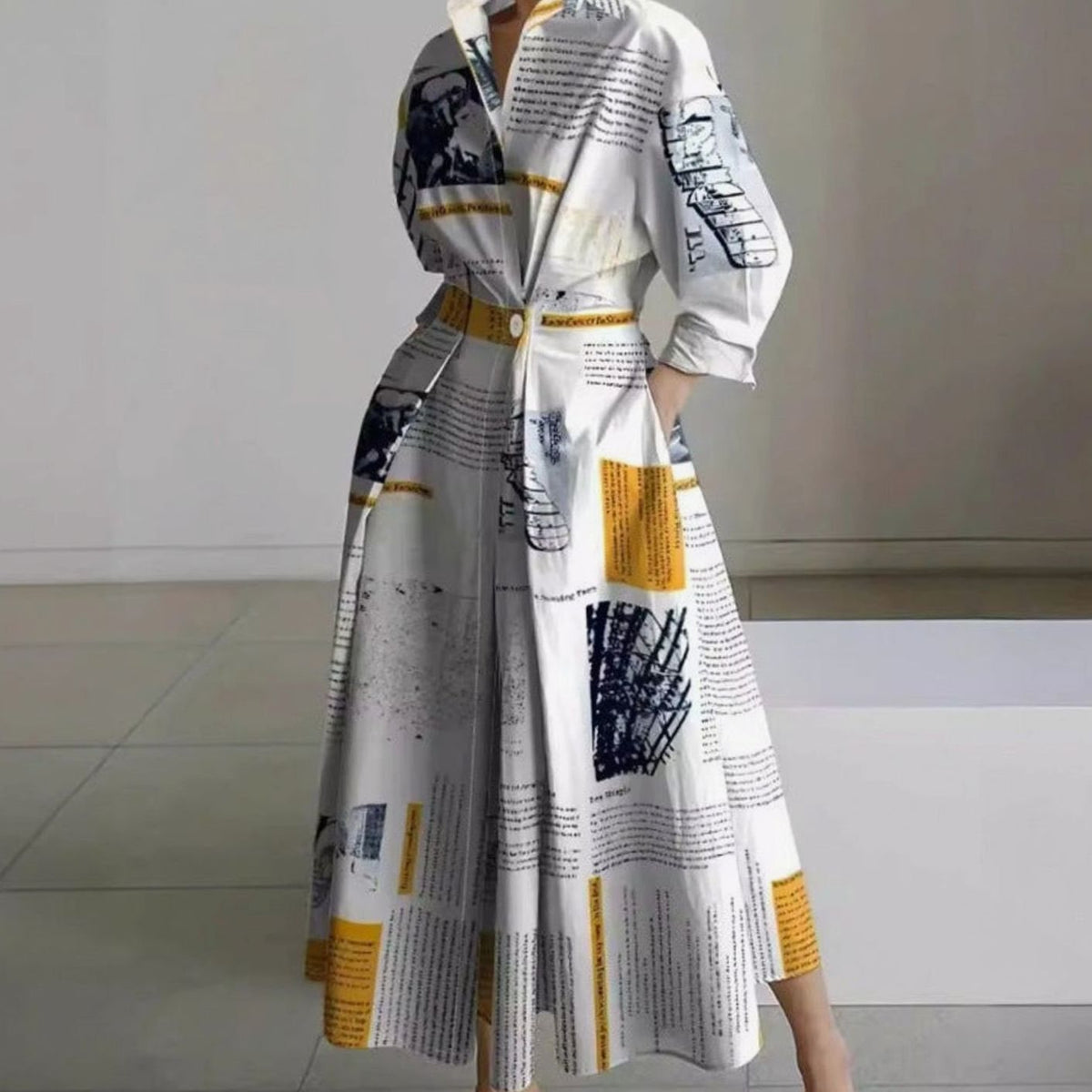 Aria | Women's Collared Maxi Shirt Dress Long Sleeve Newspaper Print