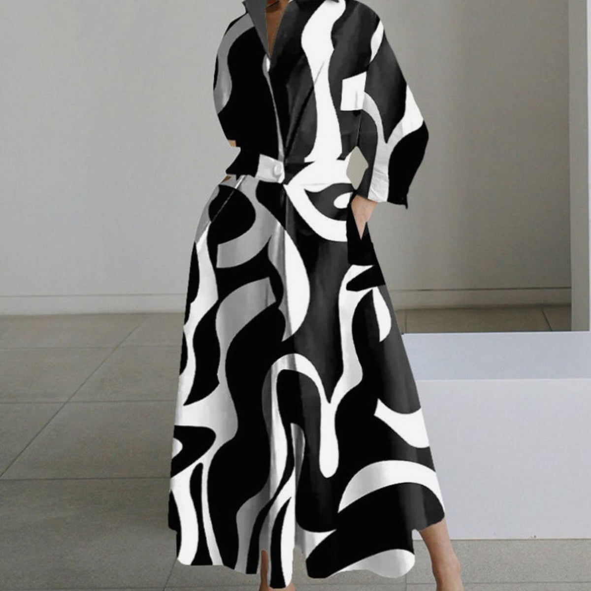 Aria | Women's Collared Maxi Shirt Dress Long Sleeve Newspaper Print