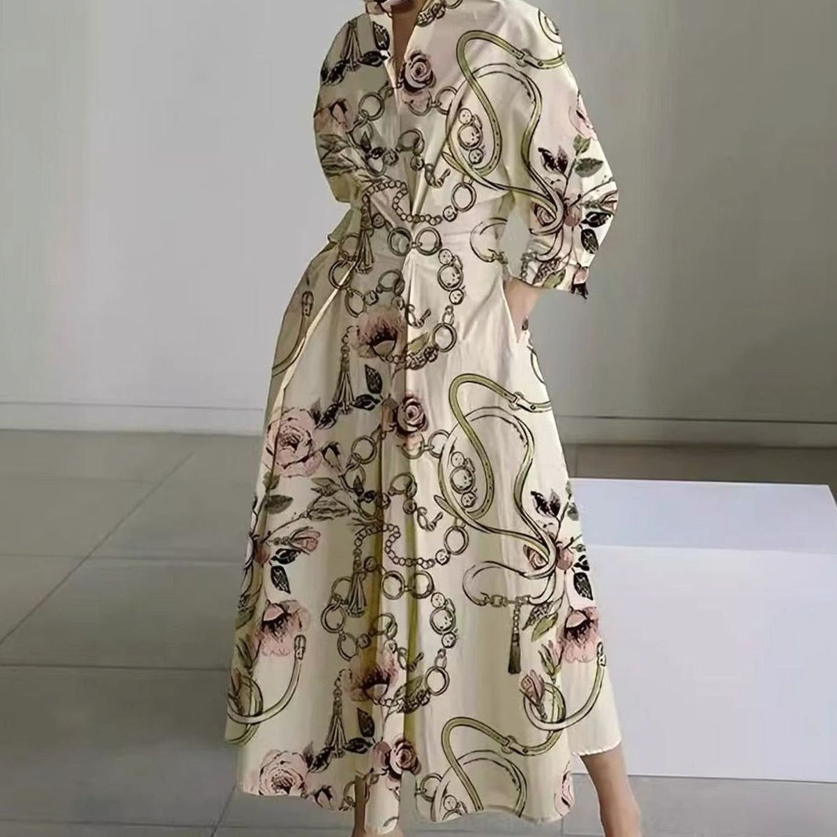 Aria | Women's Collared Maxi Shirt Dress Long Sleeve Newspaper Print