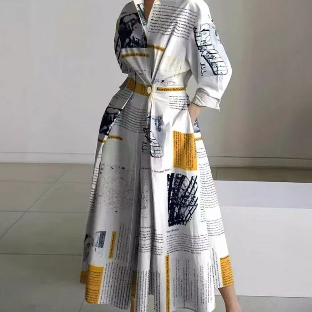Aria | Women's Collared Maxi Shirt Dress Long Sleeve Newspaper Print
