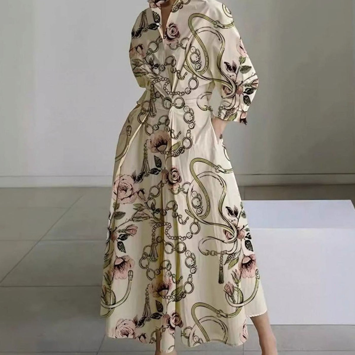 Aria | Women's Collared Maxi Shirt Dress Long Sleeve Newspaper Print
