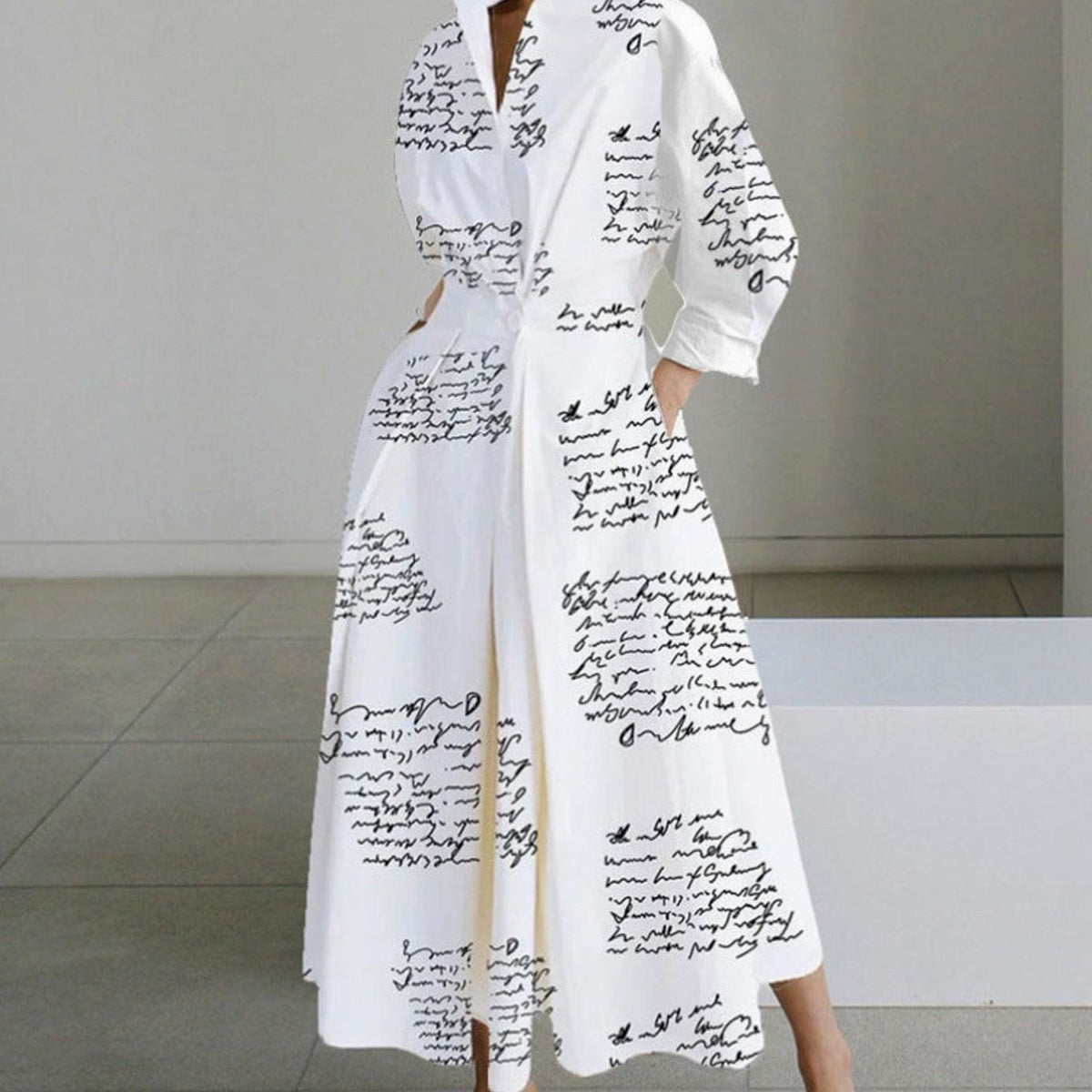 Aria | Women's Collared Maxi Shirt Dress Long Sleeve Newspaper Print