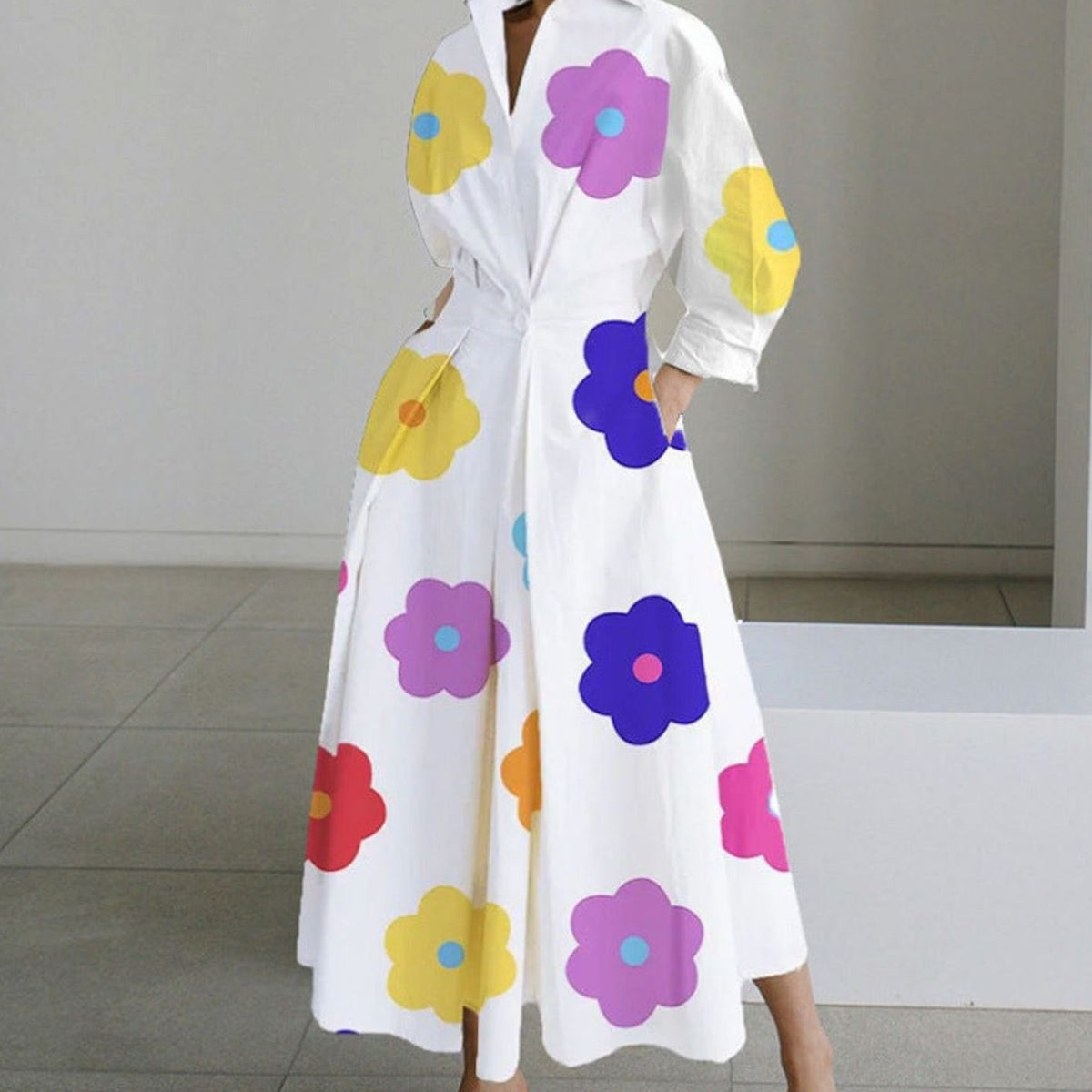Aria | Women's Collared Maxi Shirt Dress Long Sleeve Newspaper Print