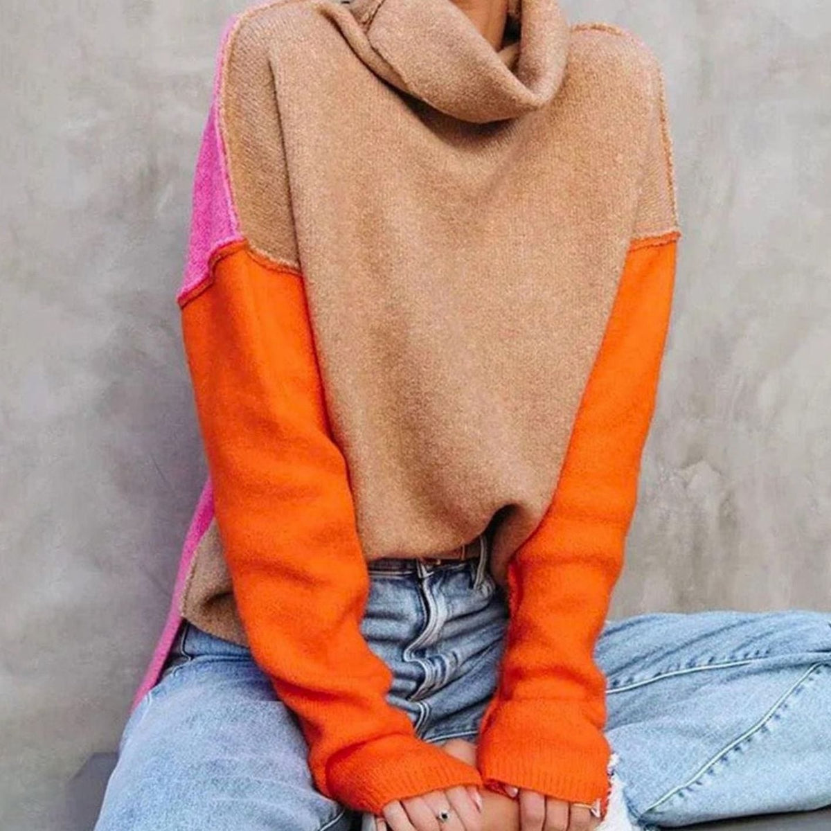 Harper | Women's Color Block Turtleneck Relaxed-Fit Pullover Sweater