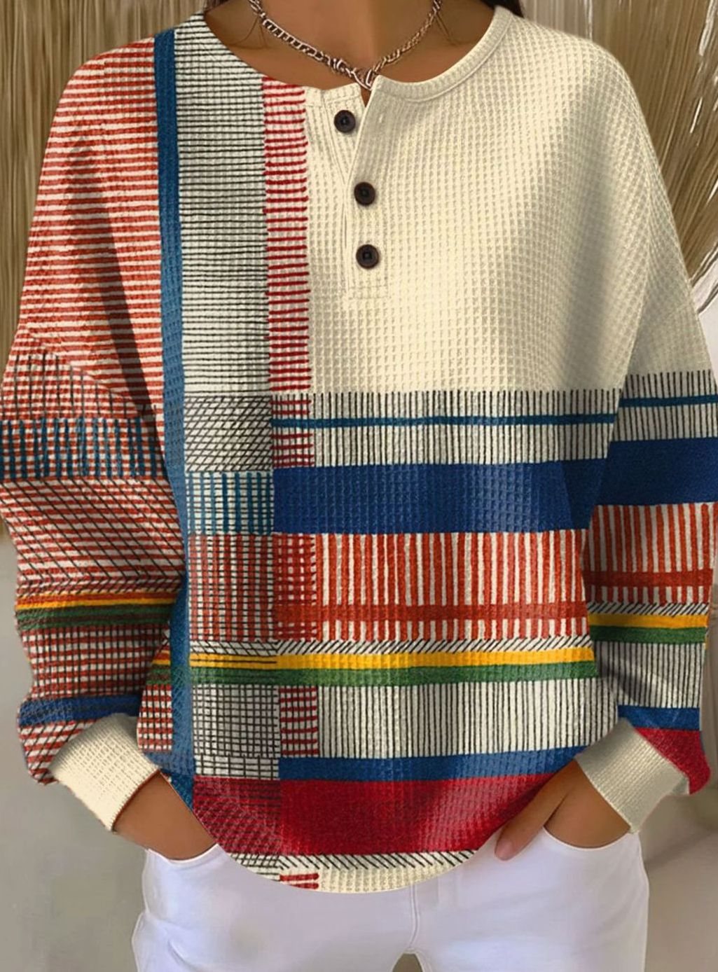 Amelia | Women's Colorblock Waffle-Knit Henley Pullover Sweater