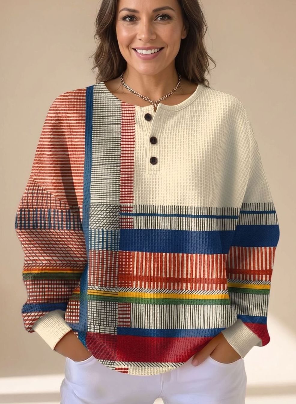 Mia | Women's Colorblock Waffle-Knit Long Sleeve Henley Sweater