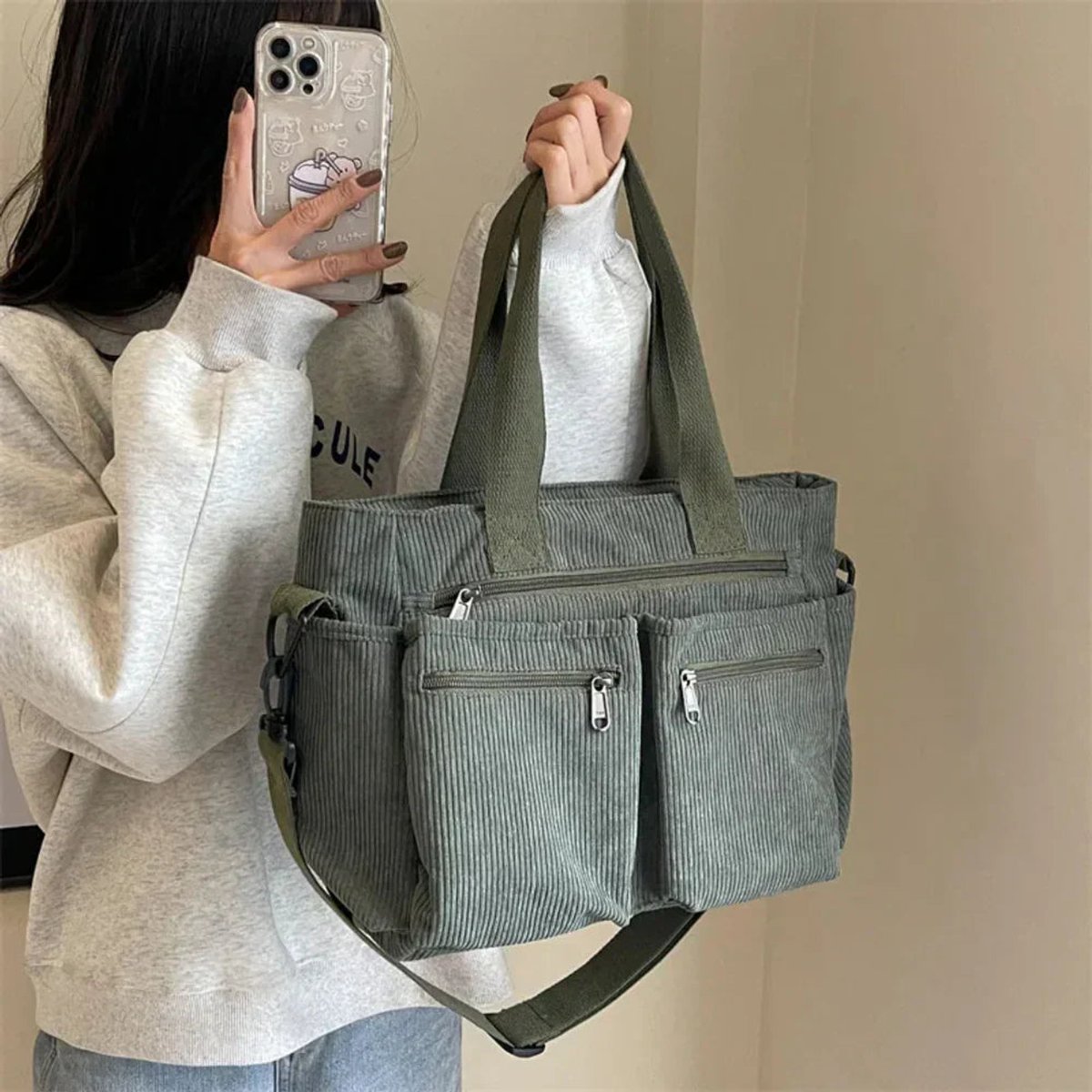 Penelope | Women's Corduroy Multi-Pocket Shoulder Tote Bag