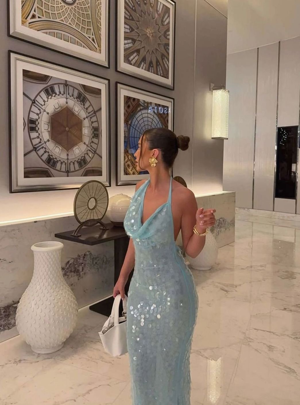 Madison | Women's Cowl-Neck Halter Sequin Maxi Dress