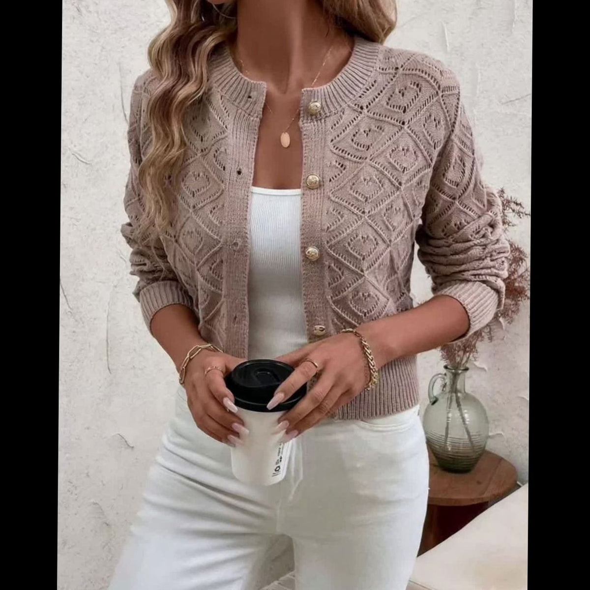 Isabella | Women's Cropped Diamond-Knit Button-Front Cardigan
