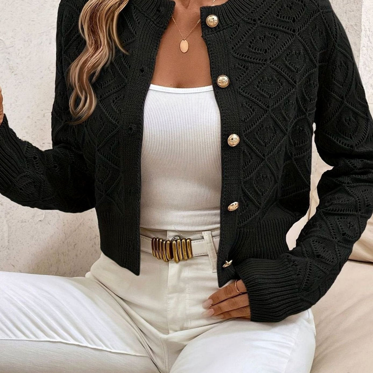 Isabella | Women's Cropped Diamond-Knit Button-Front Cardigan