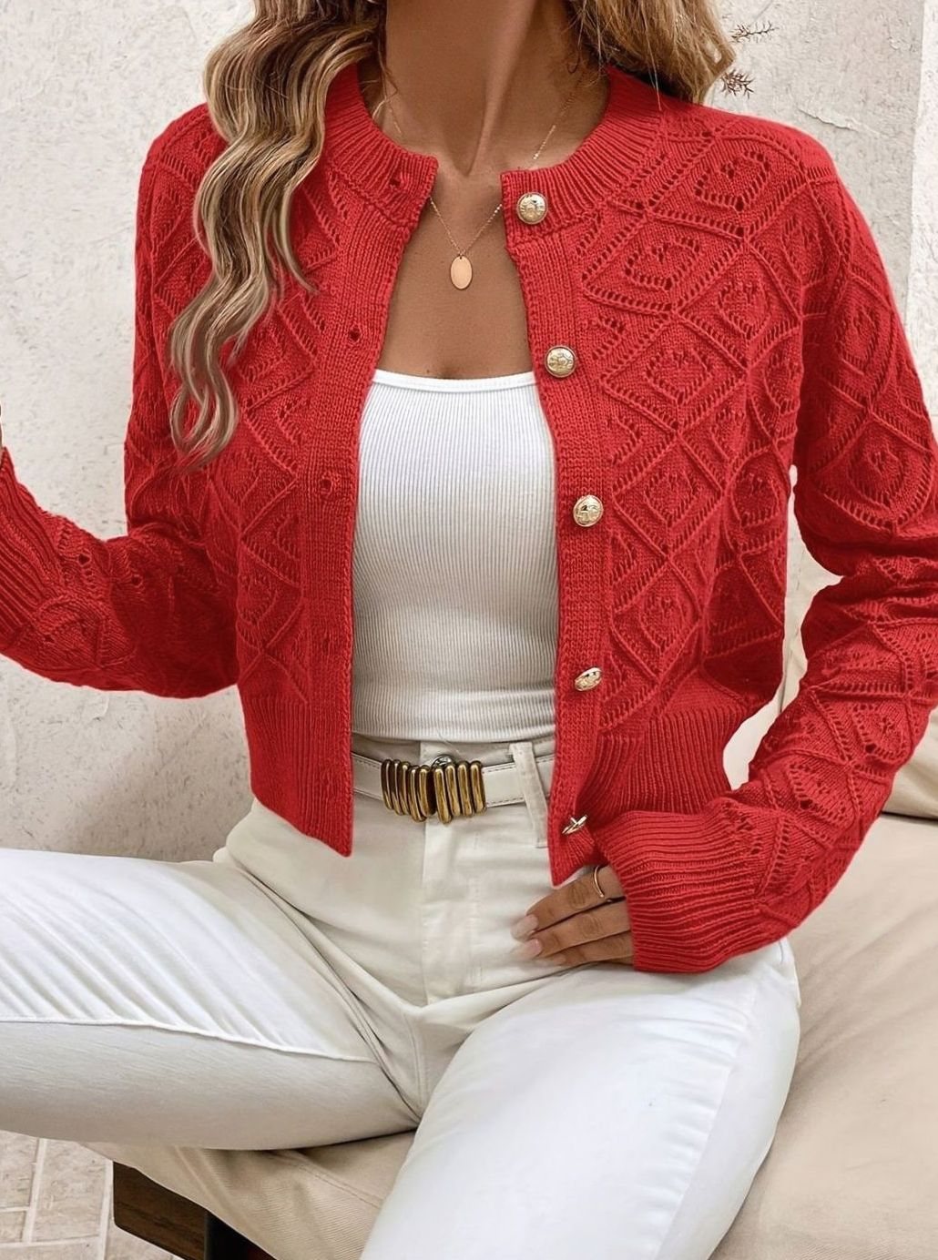 Isabella | Women's Cropped Diamond-Knit Button-Front Cardigan
