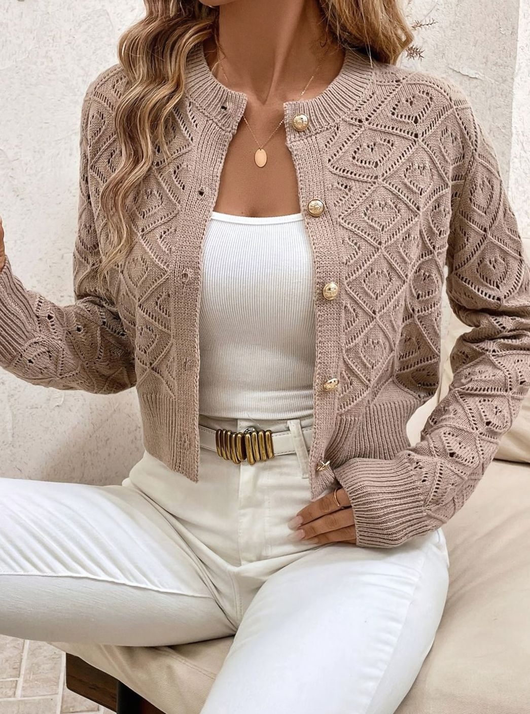 Isabella | Women's Cropped Diamond-Knit Button-Front Cardigan