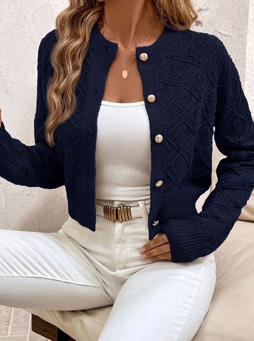 Isabella | Women's Cropped Diamond-Knit Button-Front Cardigan