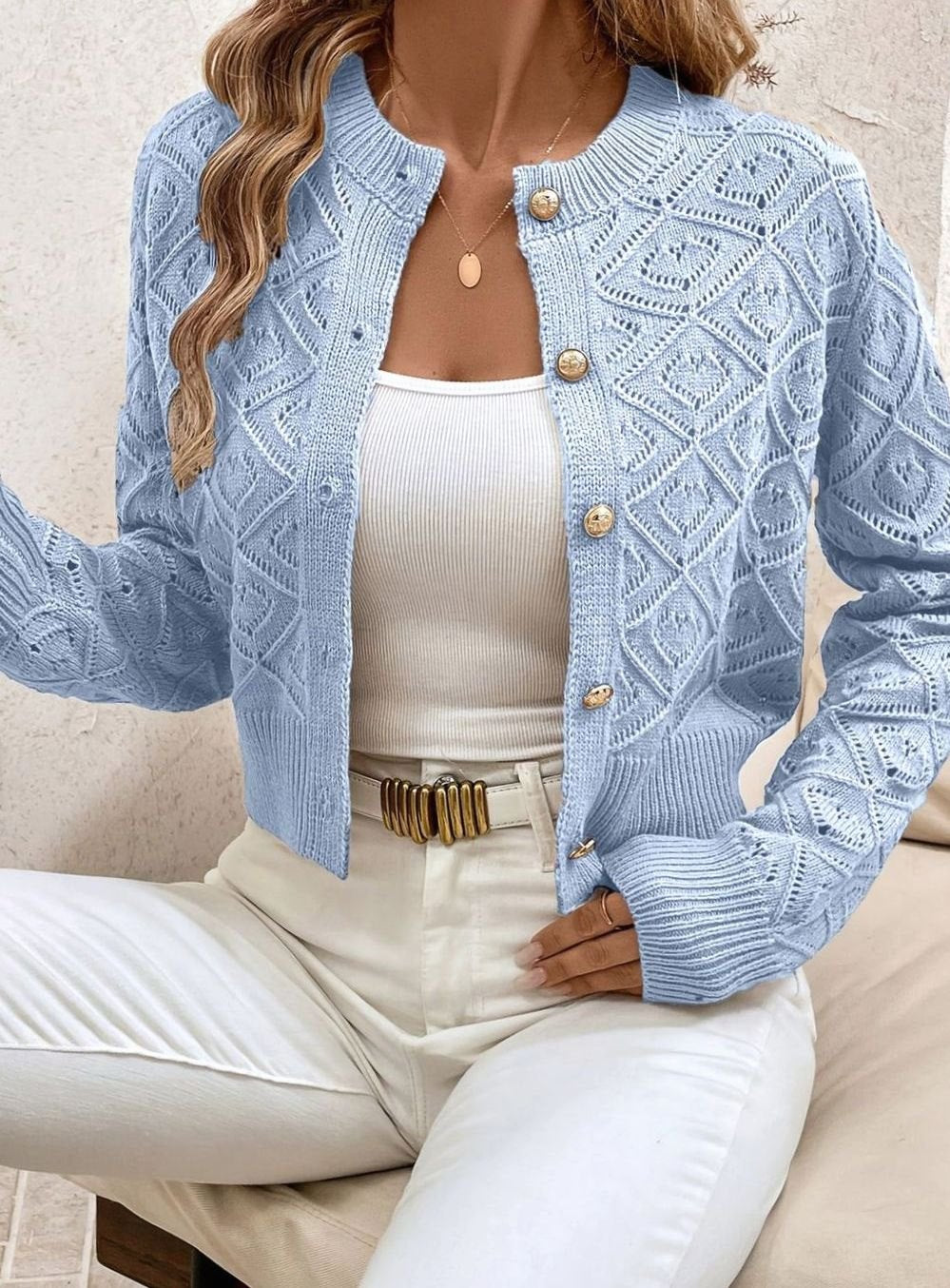 Isabella | Women's Cropped Diamond-Knit Button-Front Cardigan