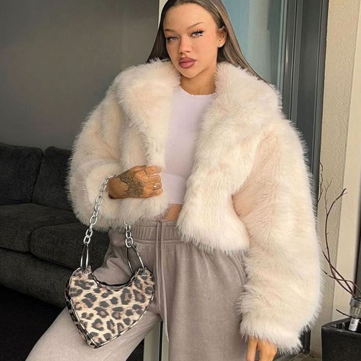Layla | Women's Cropped Faux Fur Coat Open-Front Oversized Fluffy Jacket
