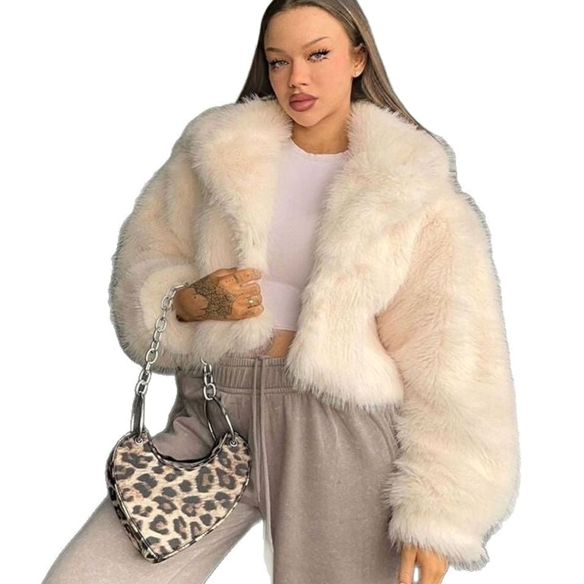 Layla | Women's Cropped Faux Fur Coat Open-Front Oversized Fluffy Jacket